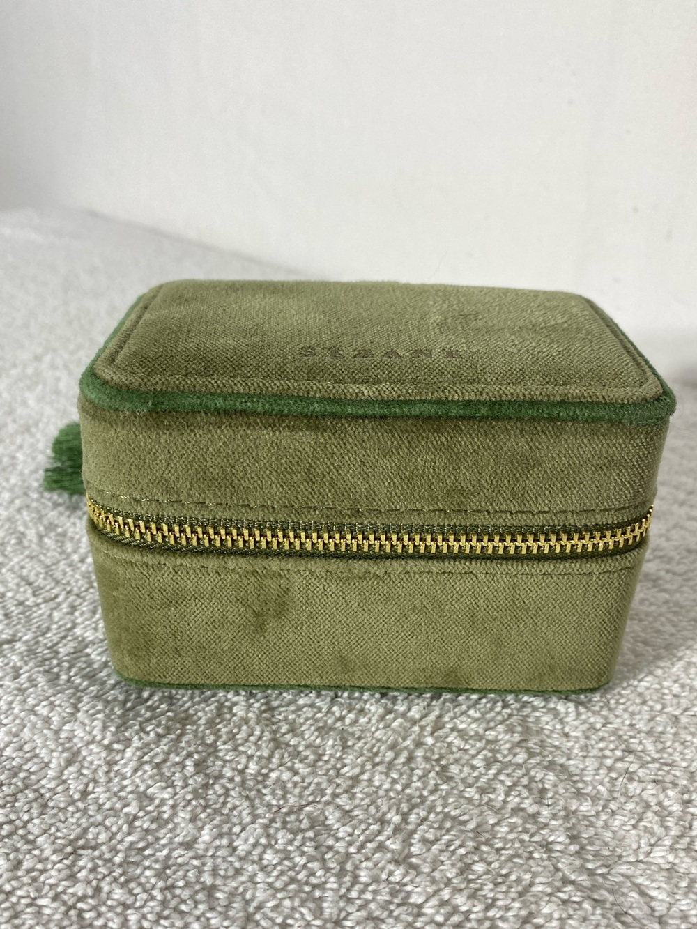 Sézane Olive Green Velvet Mini Travel Jewelry Case Box with Tassel